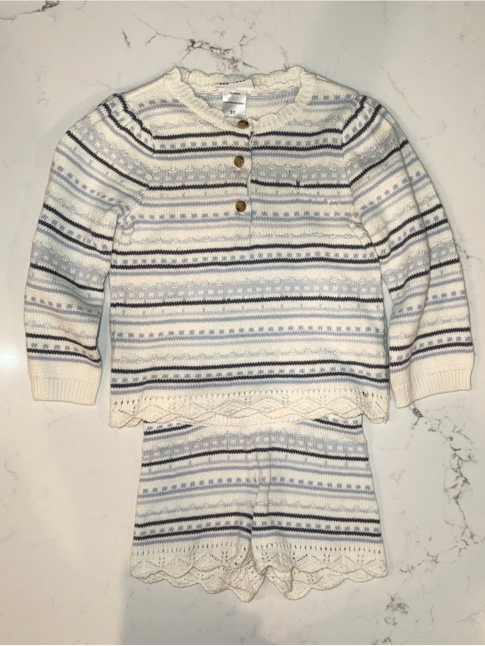 Girls Cozy Striped Knit Set in Cream and Blue